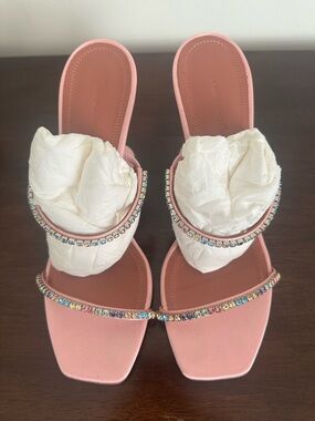 Amina Muaddi pink heels with rainbow crystal straps